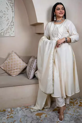 Beige women kurta pant dupatta set