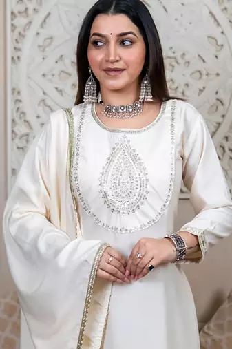 Beige women kurta pant dupatta set