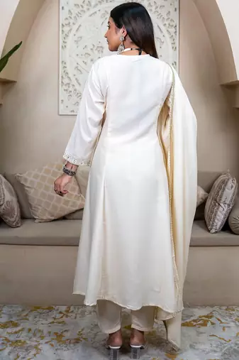 Beige women kurta pant dupatta set