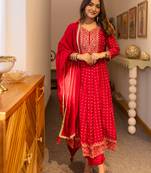 Red women kurta pant dupatta set