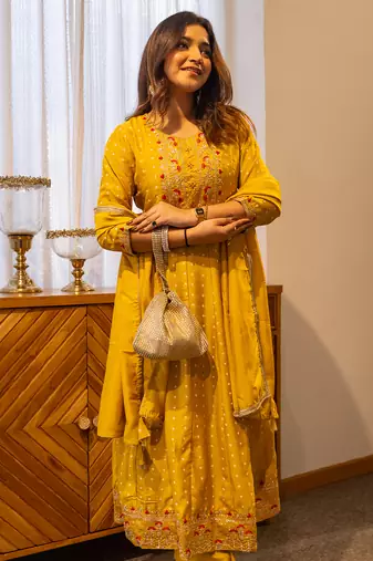 Yellow women kurta pant dupatta set