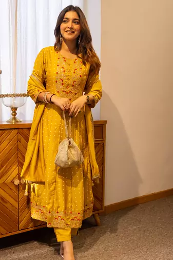 Yellow women kurta pant dupatta set