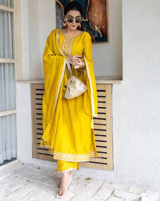 Yellow women kurta pant dupatta set 1