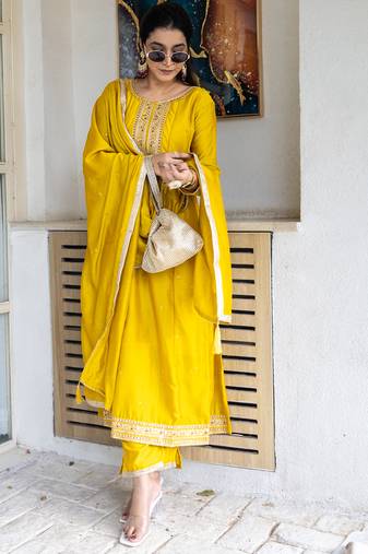 Yellow women kurta pant dupatta set