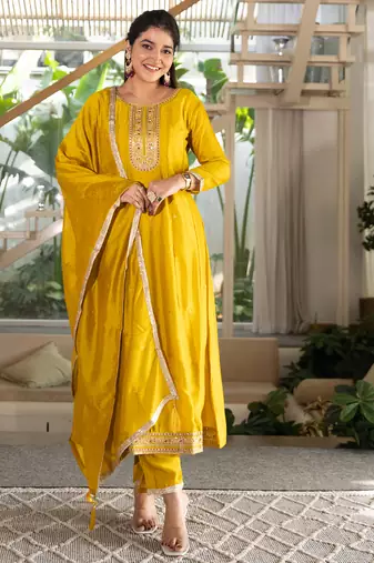 Yellow women kurta pant dupatta set