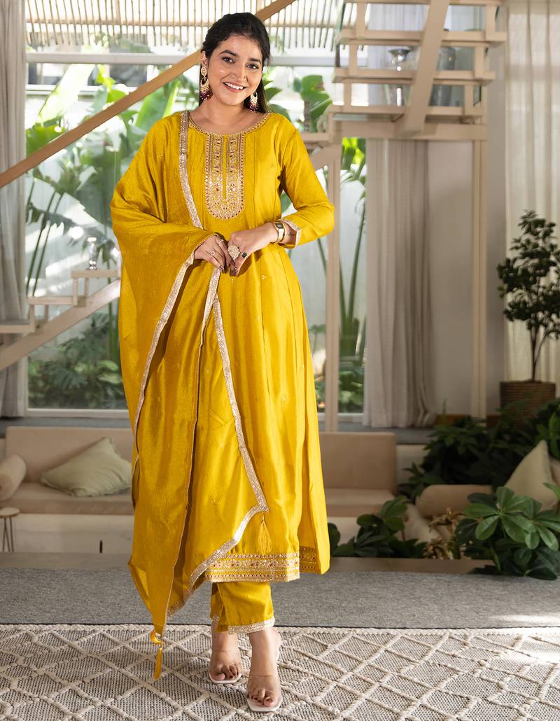 Yellow women kurta pant dupatta set