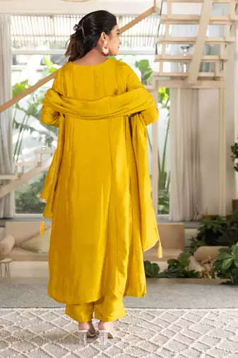 Yellow women kurta pant dupatta set