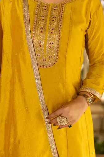 Yellow women kurta pant dupatta set