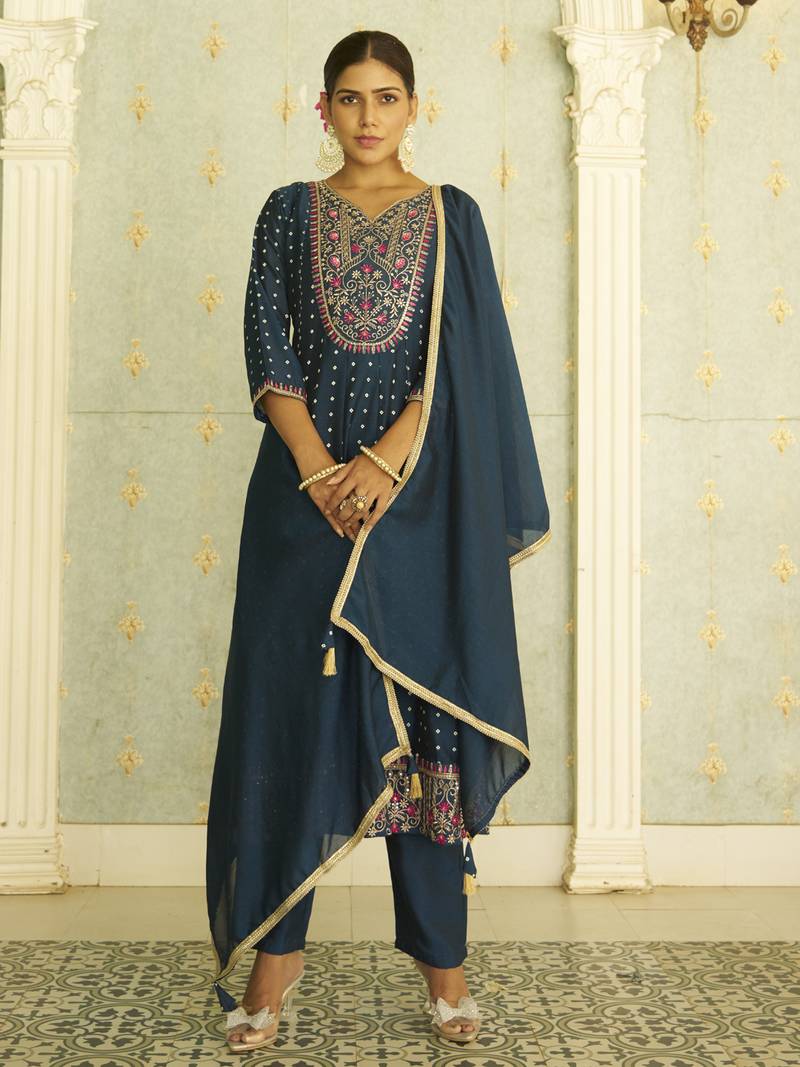 Blue women kurta pant dupatta set