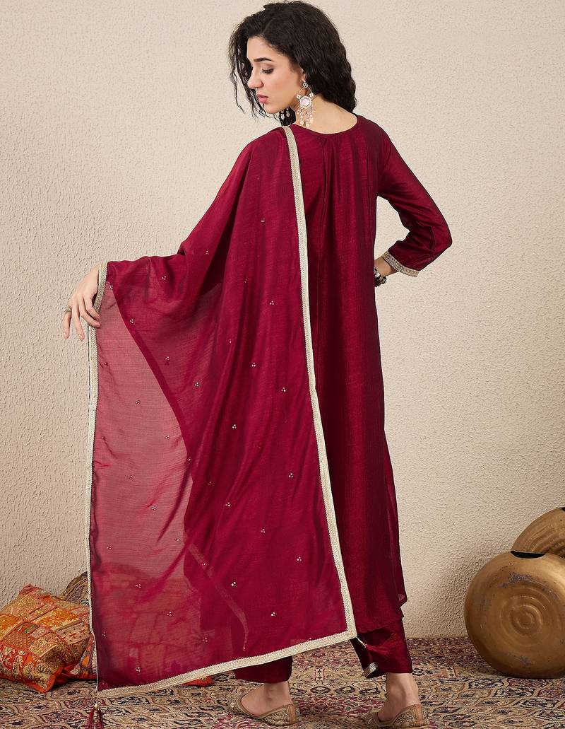 Maroon women kurta pant dupatta set
