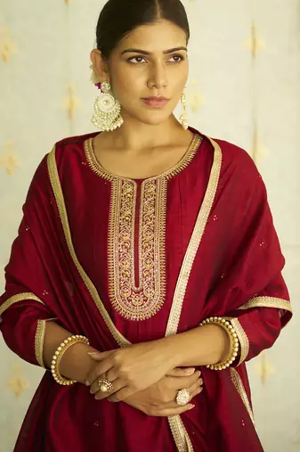 Maroon women kurta pant dupatta set