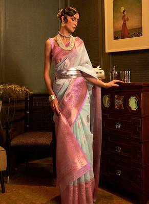 Pastel Blue Copper Zari Woven Linen Silk Saree With Blouse For Women 1