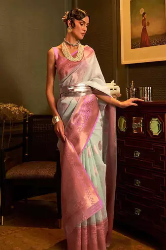 Pastel Blue Copper Zari Woven Linen Silk Saree With Blouse For Women