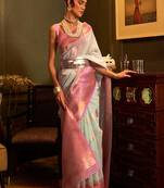 Pastel Blue Copper Zari Woven Linen Silk Saree With Blouse For Women