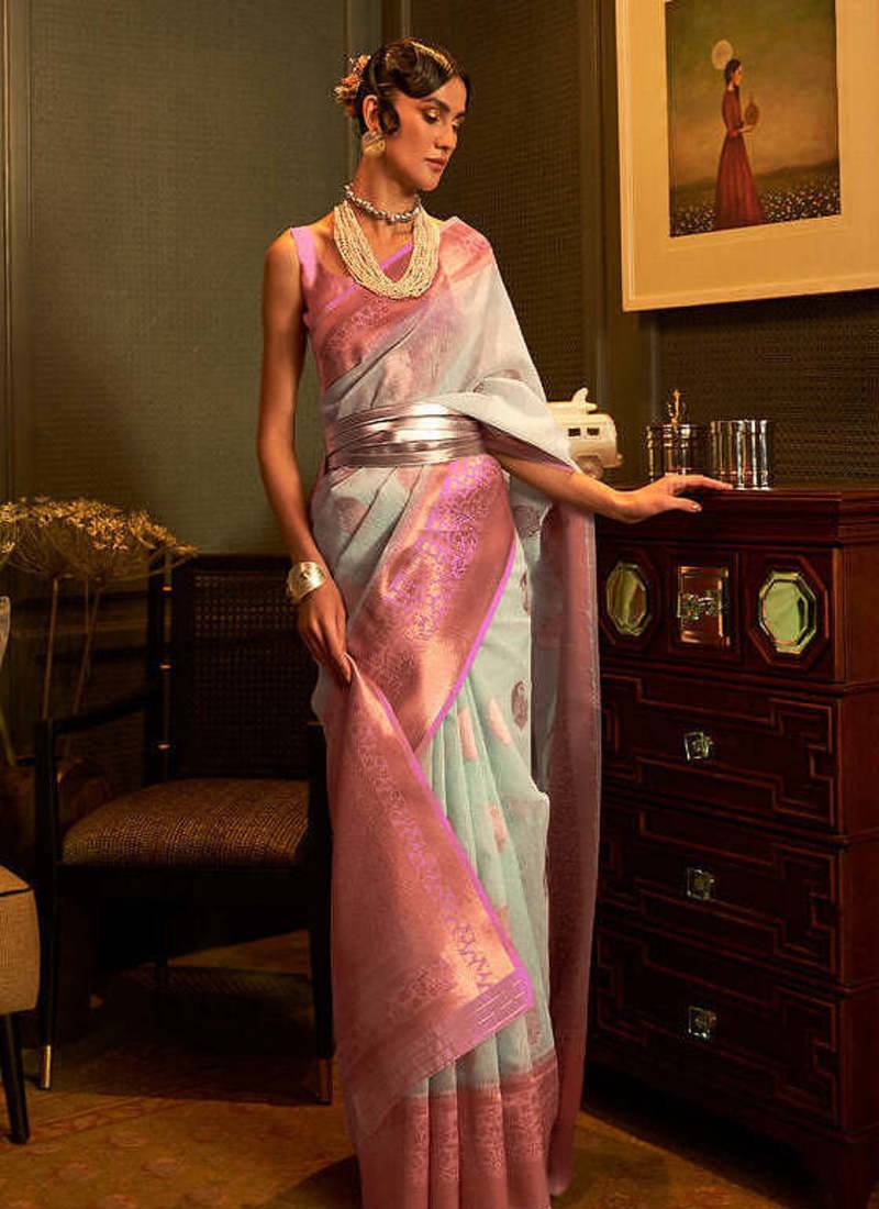 Pastel Blue Copper Zari Woven Linen Silk Saree With Blouse For Women