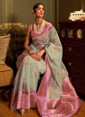 Pastel Blue Copper Zari Woven Linen Silk Saree With Blouse For Women 2