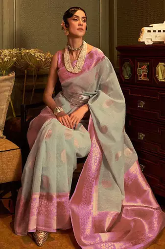 Pastel Blue Copper Zari Woven Linen Silk Saree With Blouse For Women