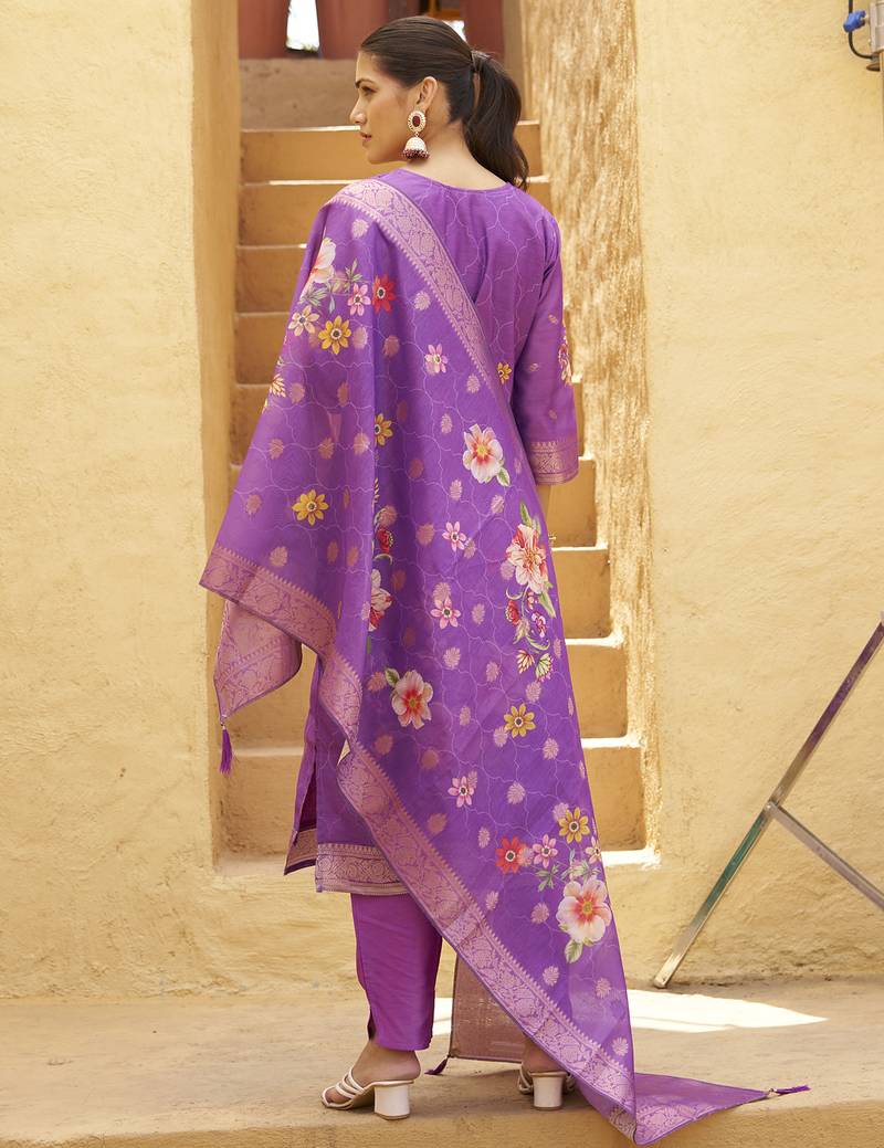 Purple women kurta pant dupatta set