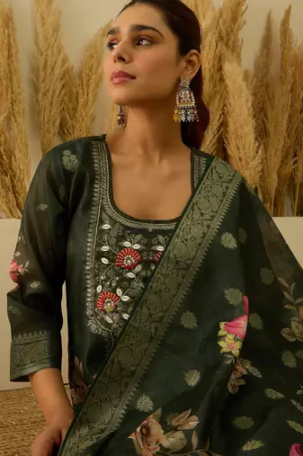 Green women kurta pant dupatta set