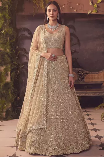 Amazing Beige Embroidered Net Wedding Wear Lehenga Choli