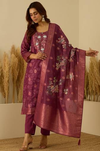 Maroon women kurta pant dupatta set