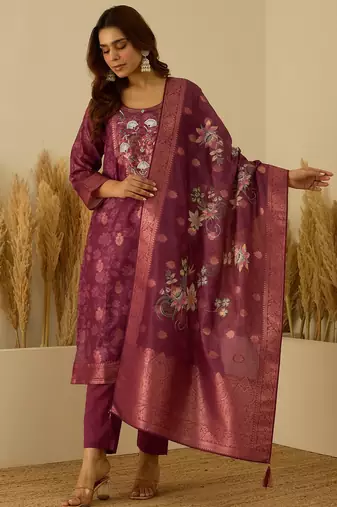 Maroon women kurta pant dupatta set