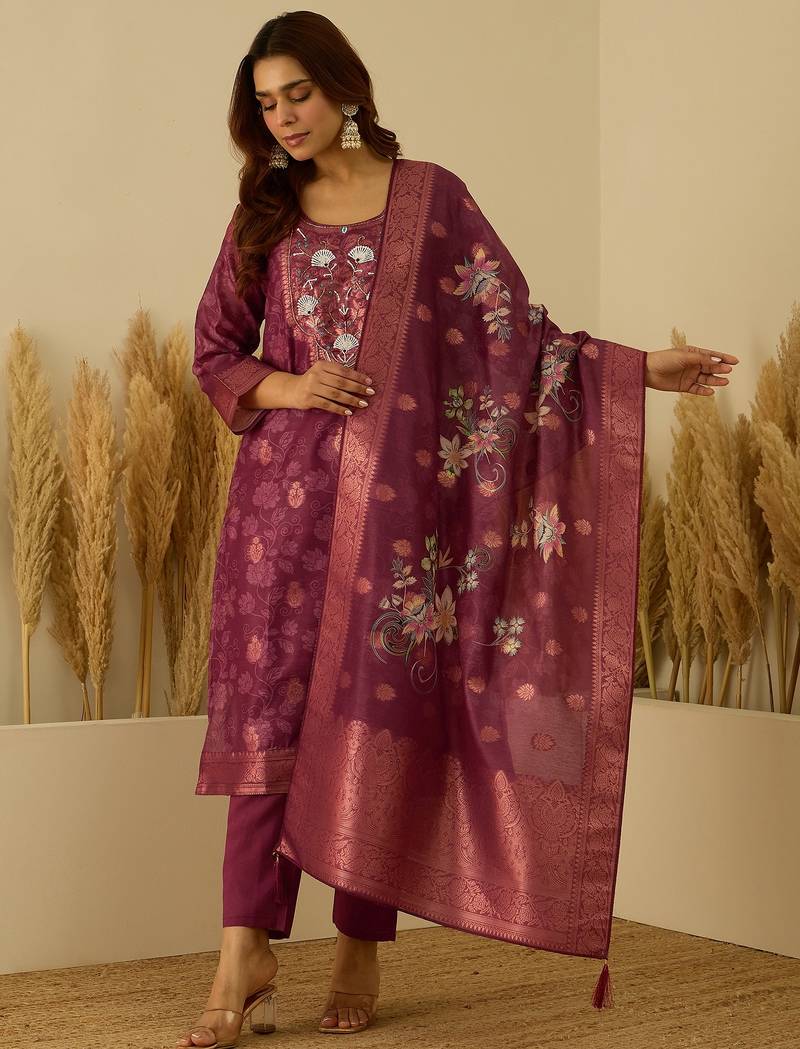 Maroon women kurta pant dupatta set