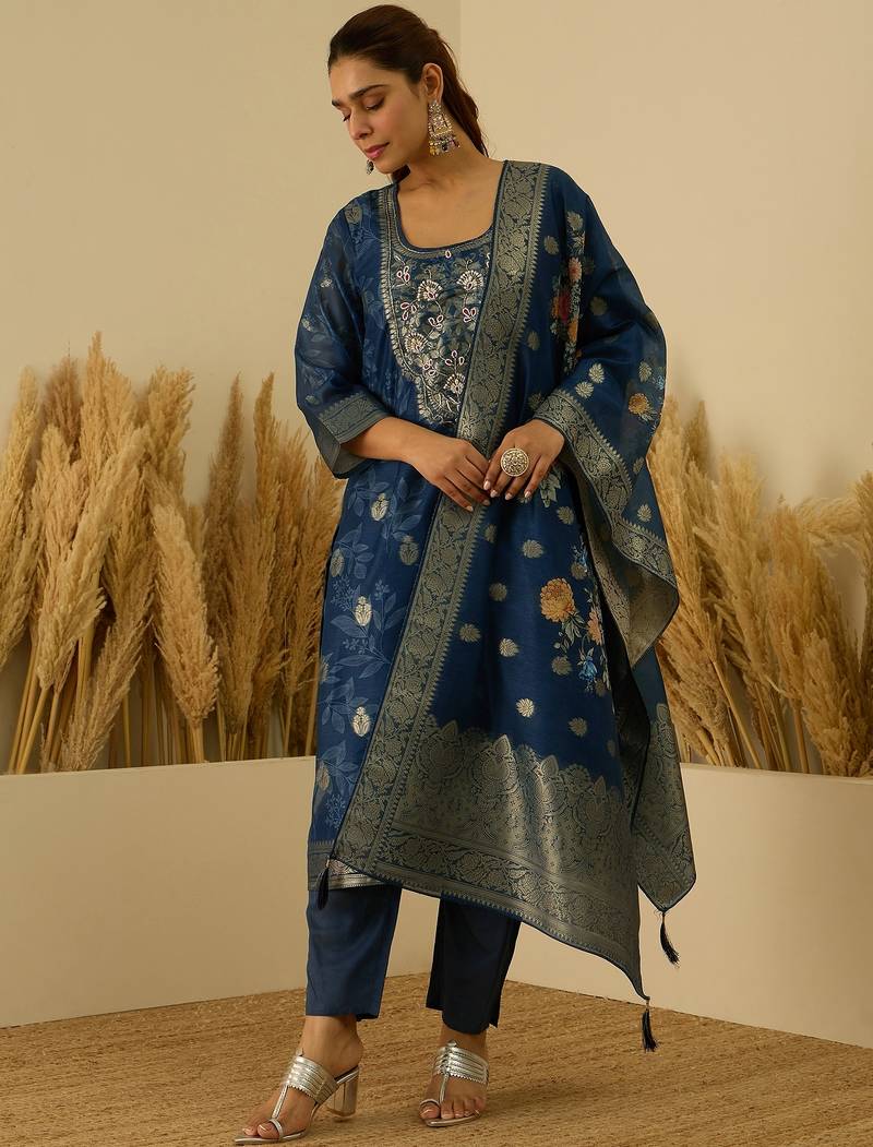 Blue women kurta pant dupatta set