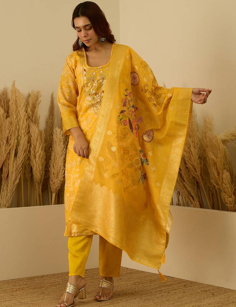 Yellow women kurta pant dupatta set