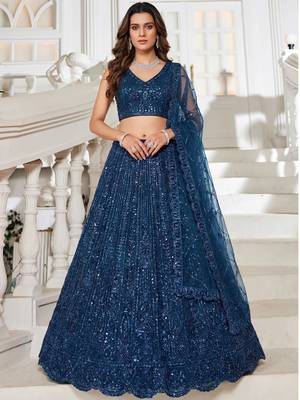 Beautiful Blue Beads Work Net Cocktail Party Wear Lehenga Choli 1