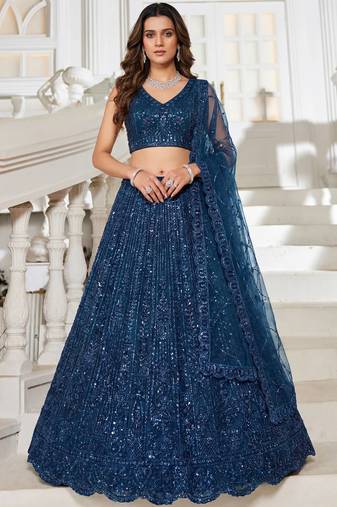 Beautiful Blue Beads Work Net Cocktail Party Wear Lehenga Choli