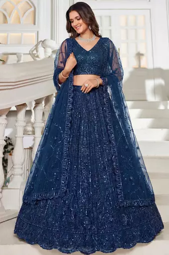 Beautiful Blue Beads Work Net Cocktail Party Wear Lehenga Choli