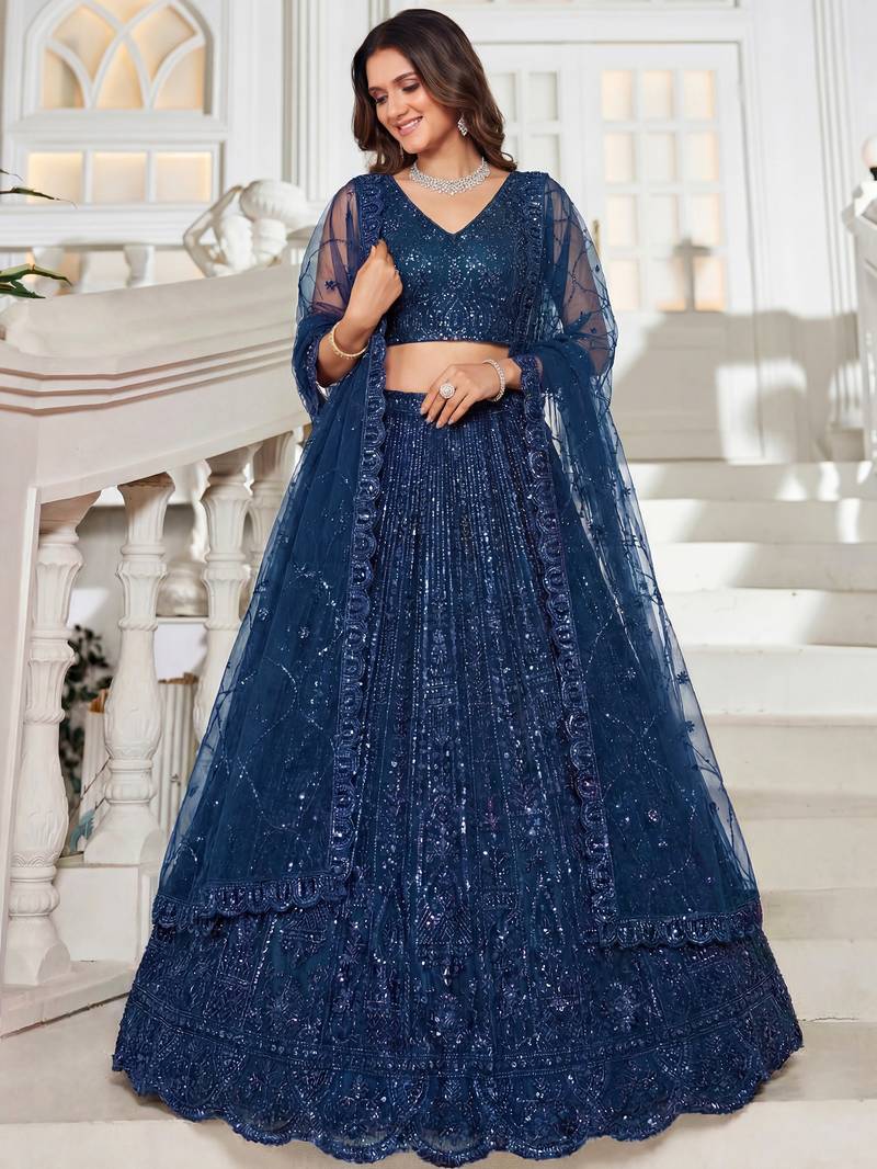 Beautiful Blue Beads Work Net Cocktail Party Wear Lehenga Choli