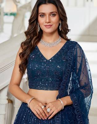 Beautiful Blue Beads Work Net Cocktail Party Wear Lehenga Choli 5