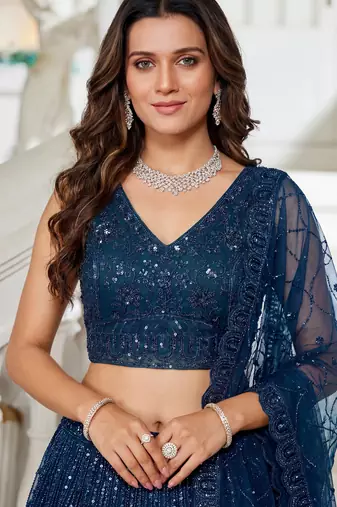 Beautiful Blue Beads Work Net Cocktail Party Wear Lehenga Choli