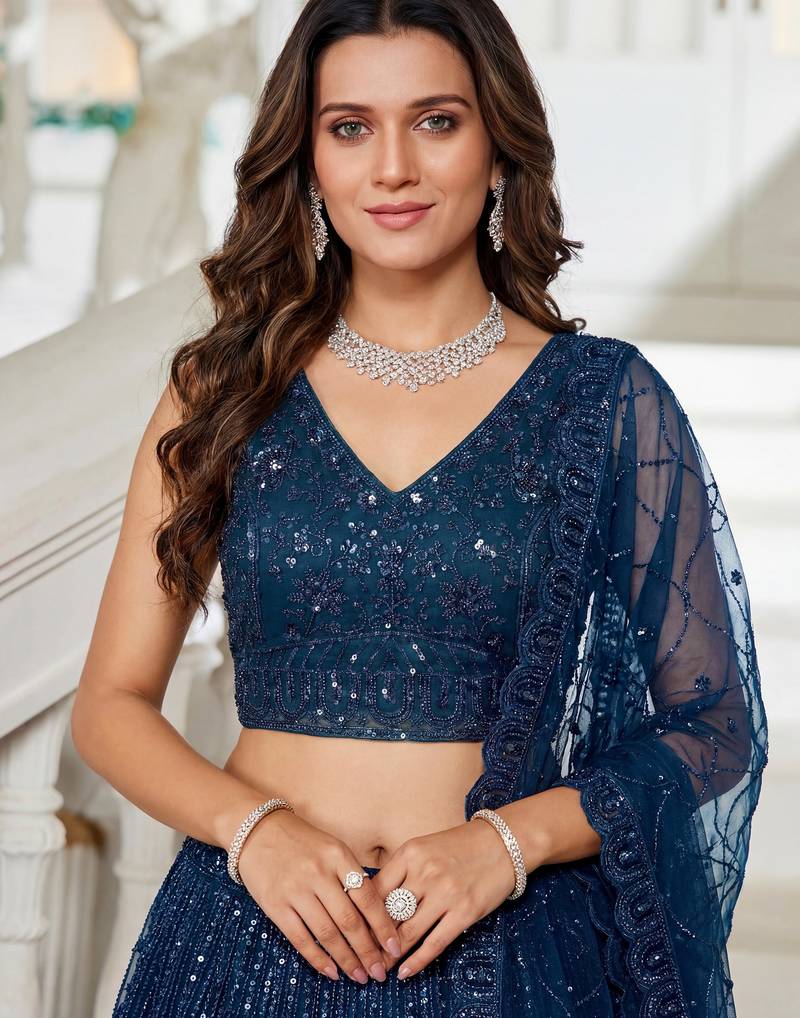 Beautiful Blue Beads Work Net Cocktail Party Wear Lehenga Choli