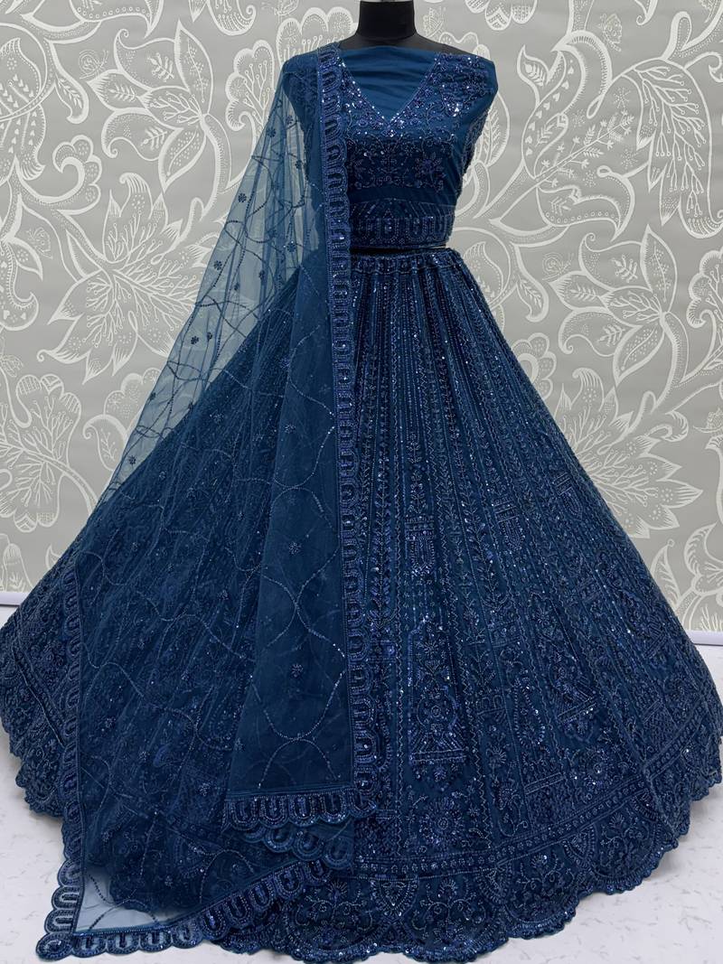Beautiful Blue Beads Work Net Cocktail Party Wear Lehenga Choli