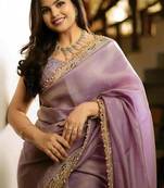 Lavender Color Embroidered Tissue Silk Blend Saree