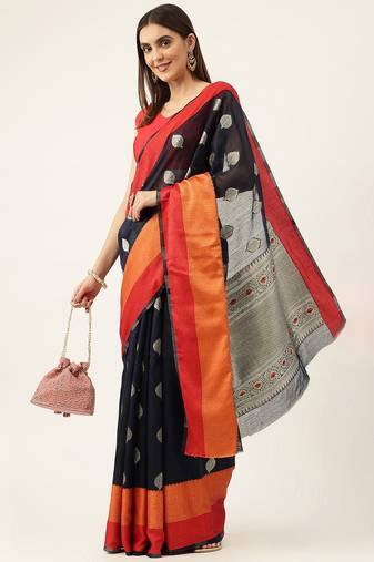 Navy Blue With Orange Cotton Blend Zari Border & Fancy Pallu Saree With Blouse For Women