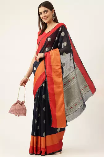 Navy Blue With Orange Cotton Blend Zari Border & Fancy Pallu Saree With Blouse For Women