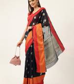 Navy Blue With Orange Cotton Blend Zari Border & Fancy Pallu Saree With Blouse For Women