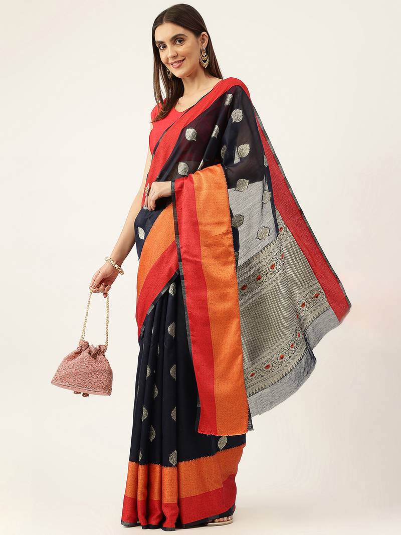 Navy Blue With Orange Cotton Blend Zari Border & Fancy Pallu Saree With Blouse For Women