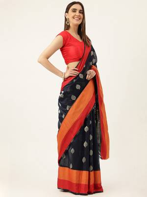 Navy Blue With Orange Cotton Blend Zari Border & Fancy Pallu Saree With Blouse For Women 2