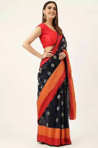Navy Blue With Orange Cotton Blend Zari Border & Fancy Pallu Saree With Blouse For Women