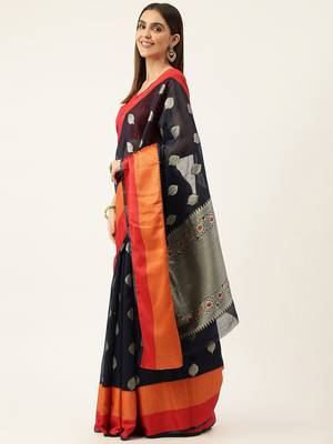 Navy Blue With Orange Cotton Blend Zari Border & Fancy Pallu Saree With Blouse For Women 3