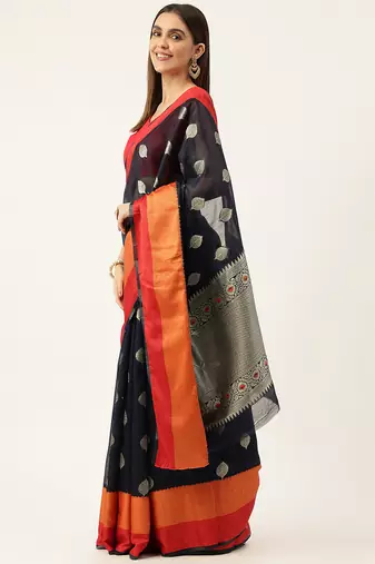 Navy Blue With Orange Cotton Blend Zari Border & Fancy Pallu Saree With Blouse For Women