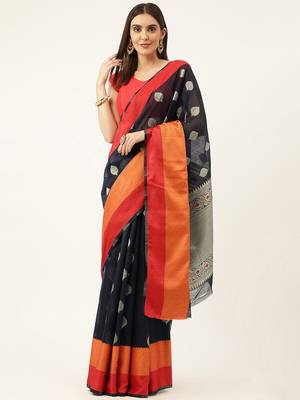 Navy Blue With Orange Cotton Blend Zari Border & Fancy Pallu Saree With Blouse For Women 4