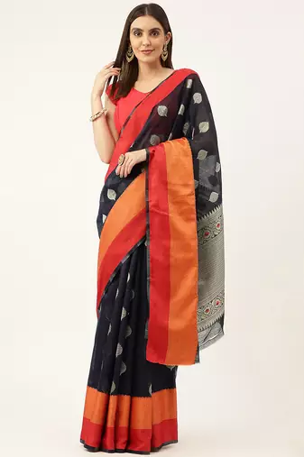 Navy Blue With Orange Cotton Blend Zari Border & Fancy Pallu Saree With Blouse For Women