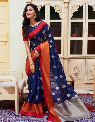 Navy Blue With Orange Cotton Blend Zari Border & Fancy Pallu Saree With Blouse For Women 5