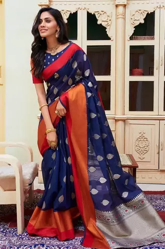 Navy Blue With Orange Cotton Blend Zari Border & Fancy Pallu Saree With Blouse For Women